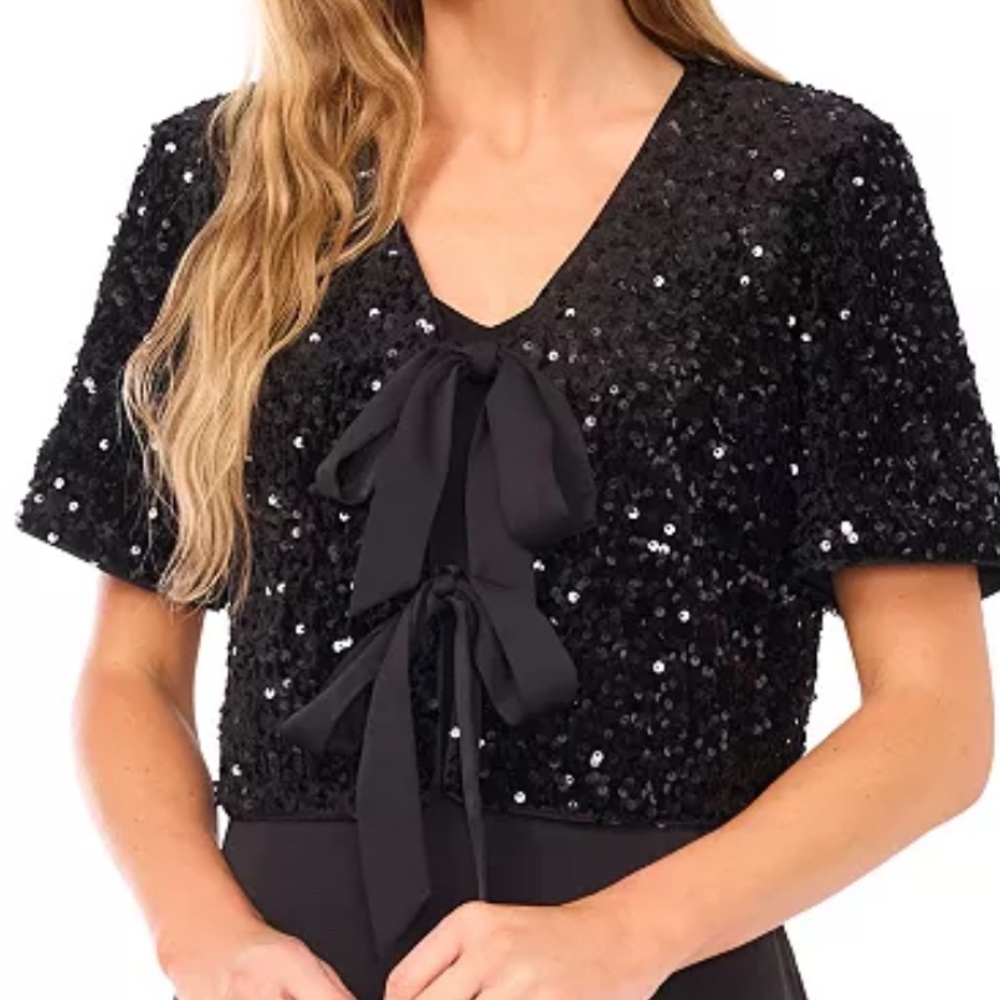 CeCe NWT Size M Black Bow Tie Front Sequined Short-sleeve Cropped Jacket Top